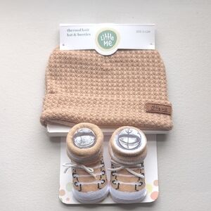 Little Me Beige/Brown Knit Hat and Booties Set